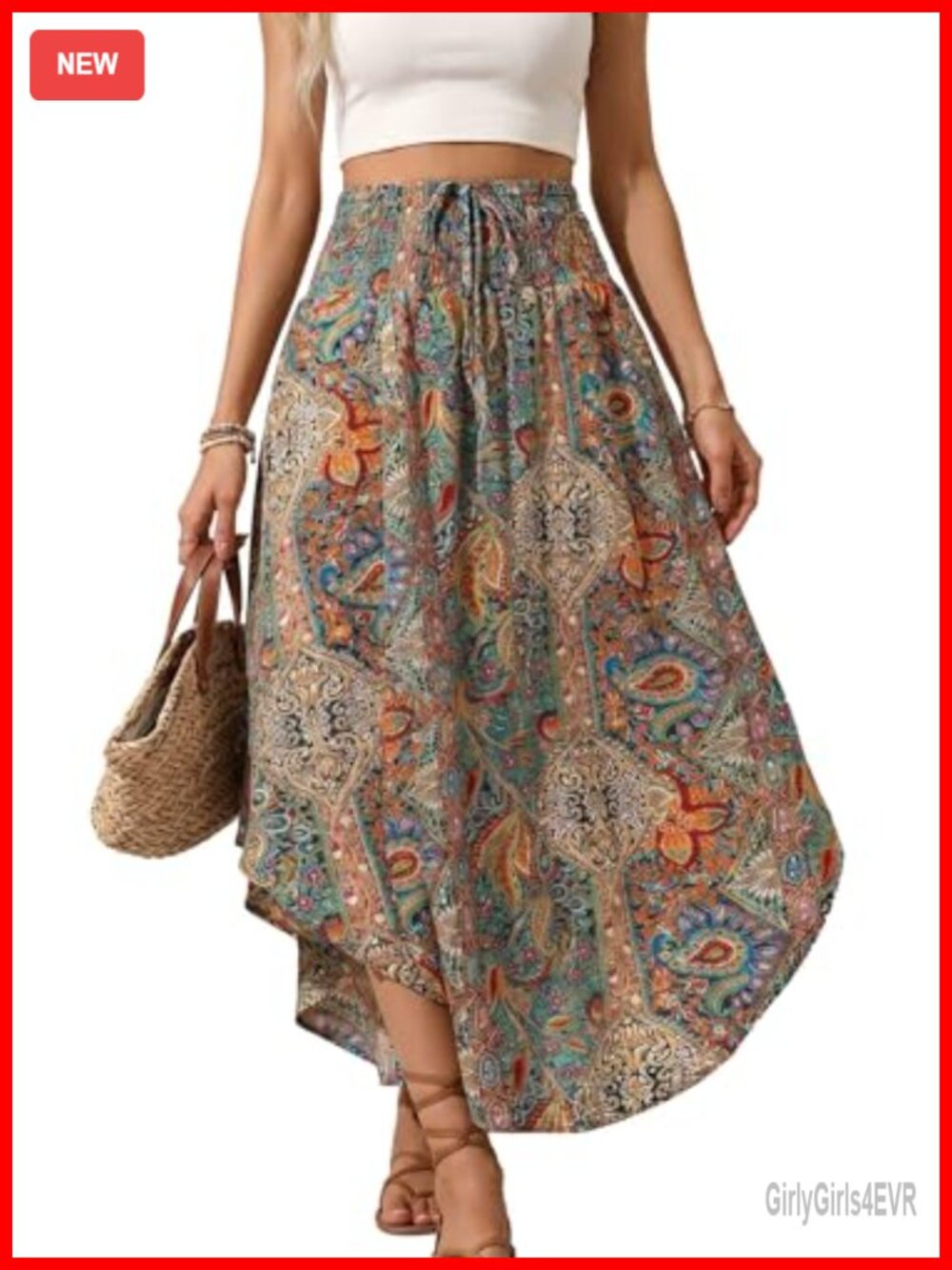 Women's Boho Maxi Skirt High Waist Pleated Flowy A-Line Summer Beach